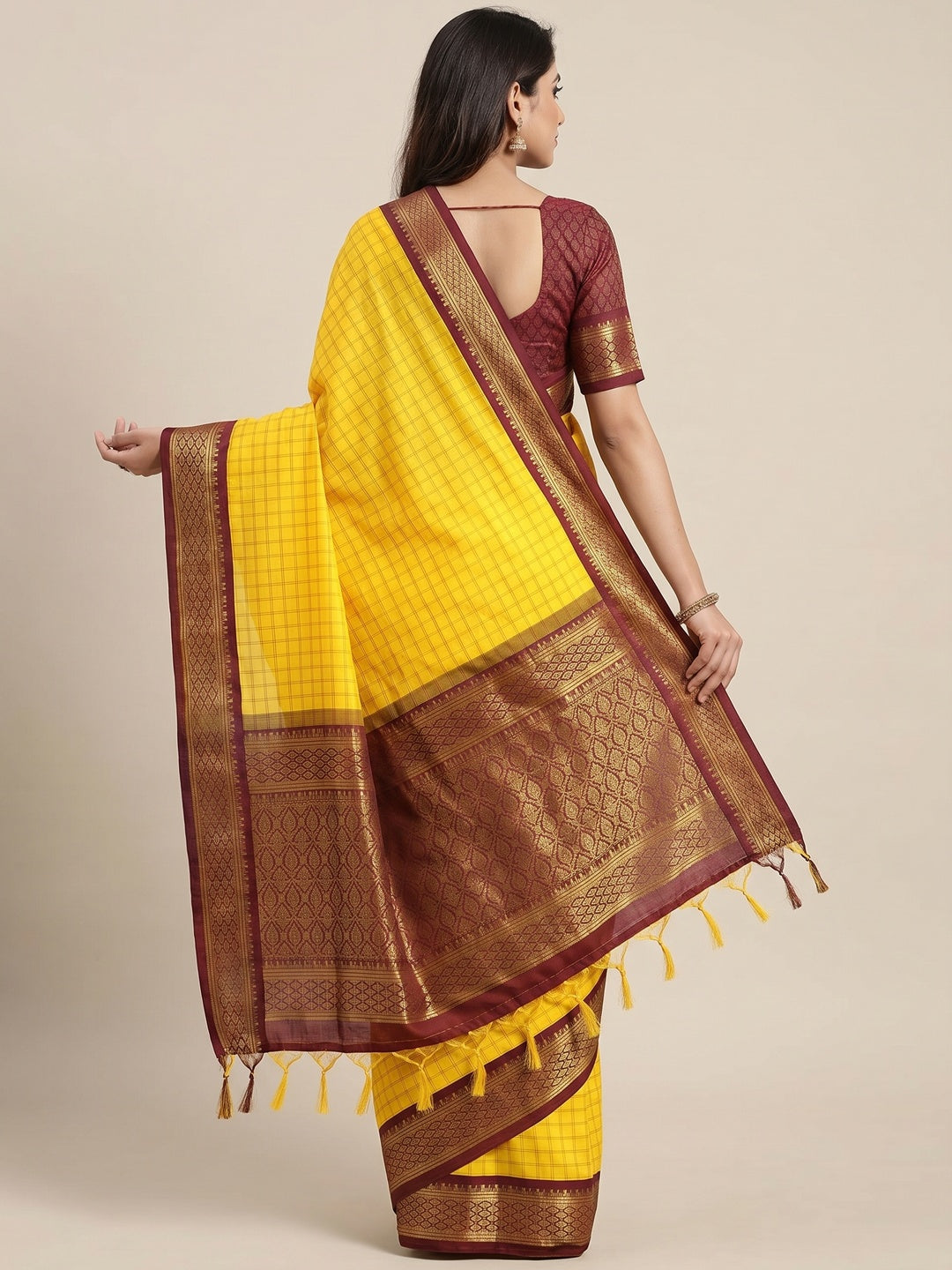 Yellow Festive Wear Checks With Woven Border Cotton Silk Saree - Image 2