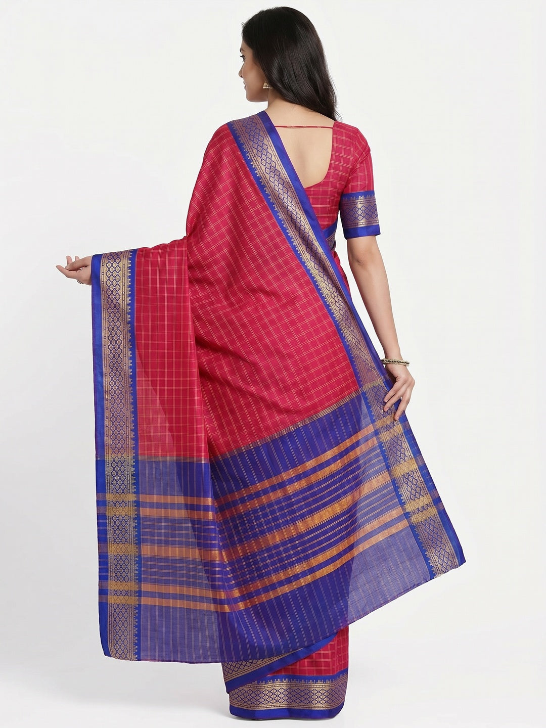 Kumkum Red Festive Wear Checks With Woven Border Cotton Silk Saree - Image 3