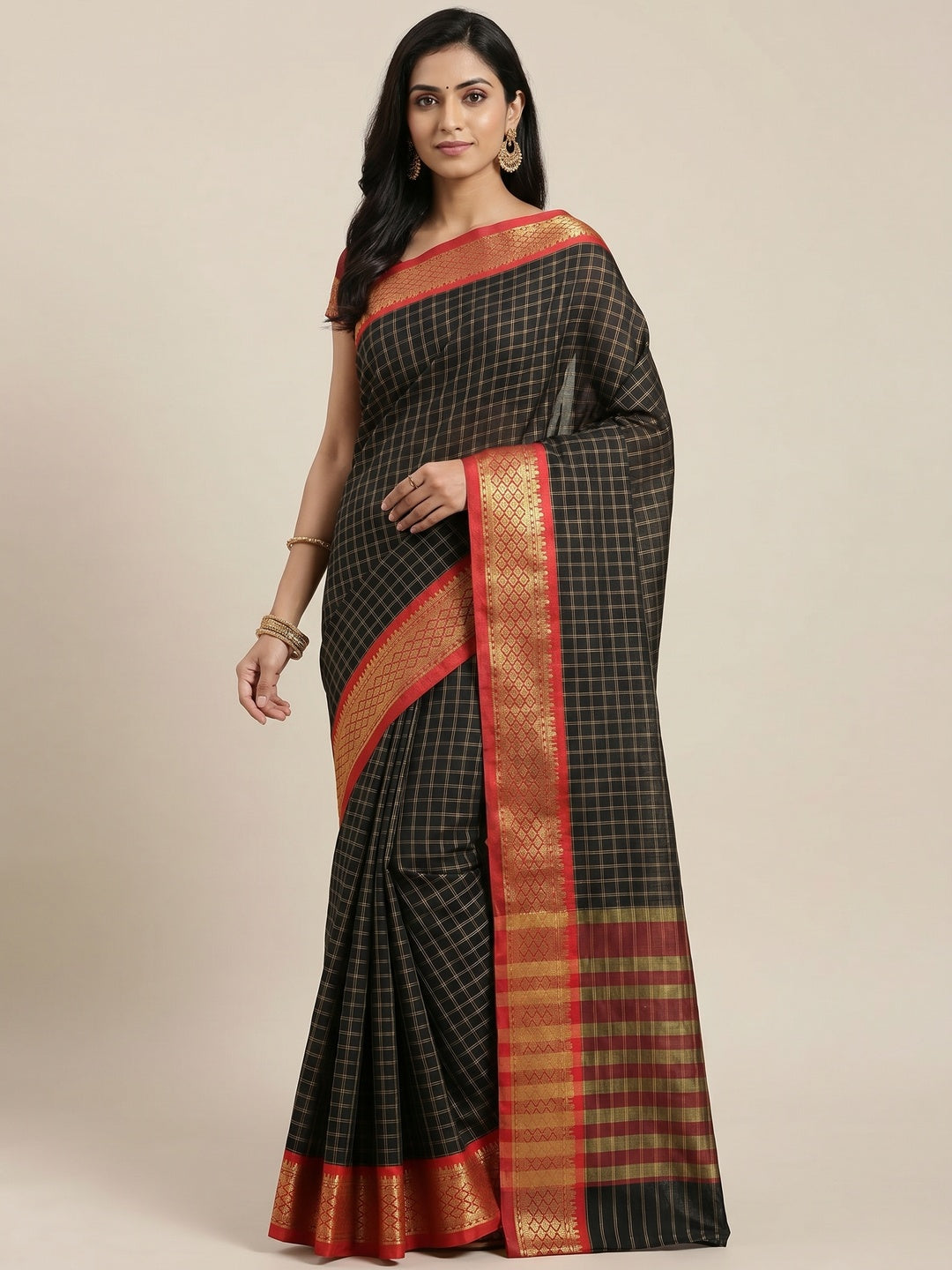 Black Festive Wear Checks With Woven Border Cotton Silk Saree - Image 1