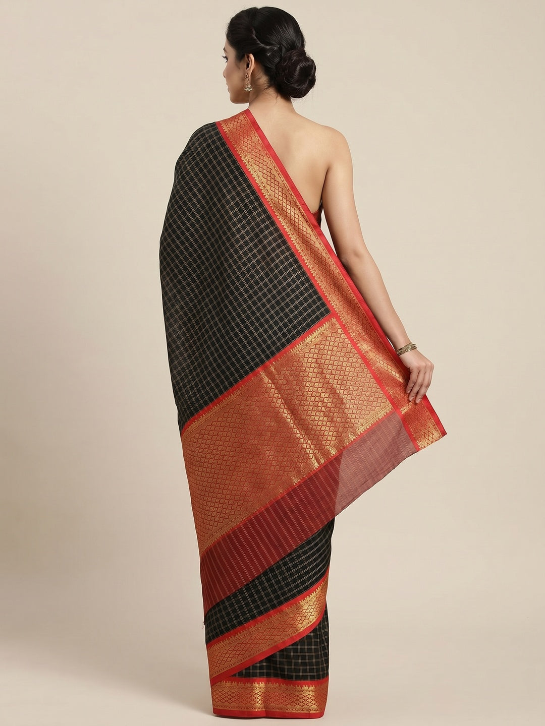 Black Festive Wear Checks With Woven Border Cotton Silk Saree - Image 3