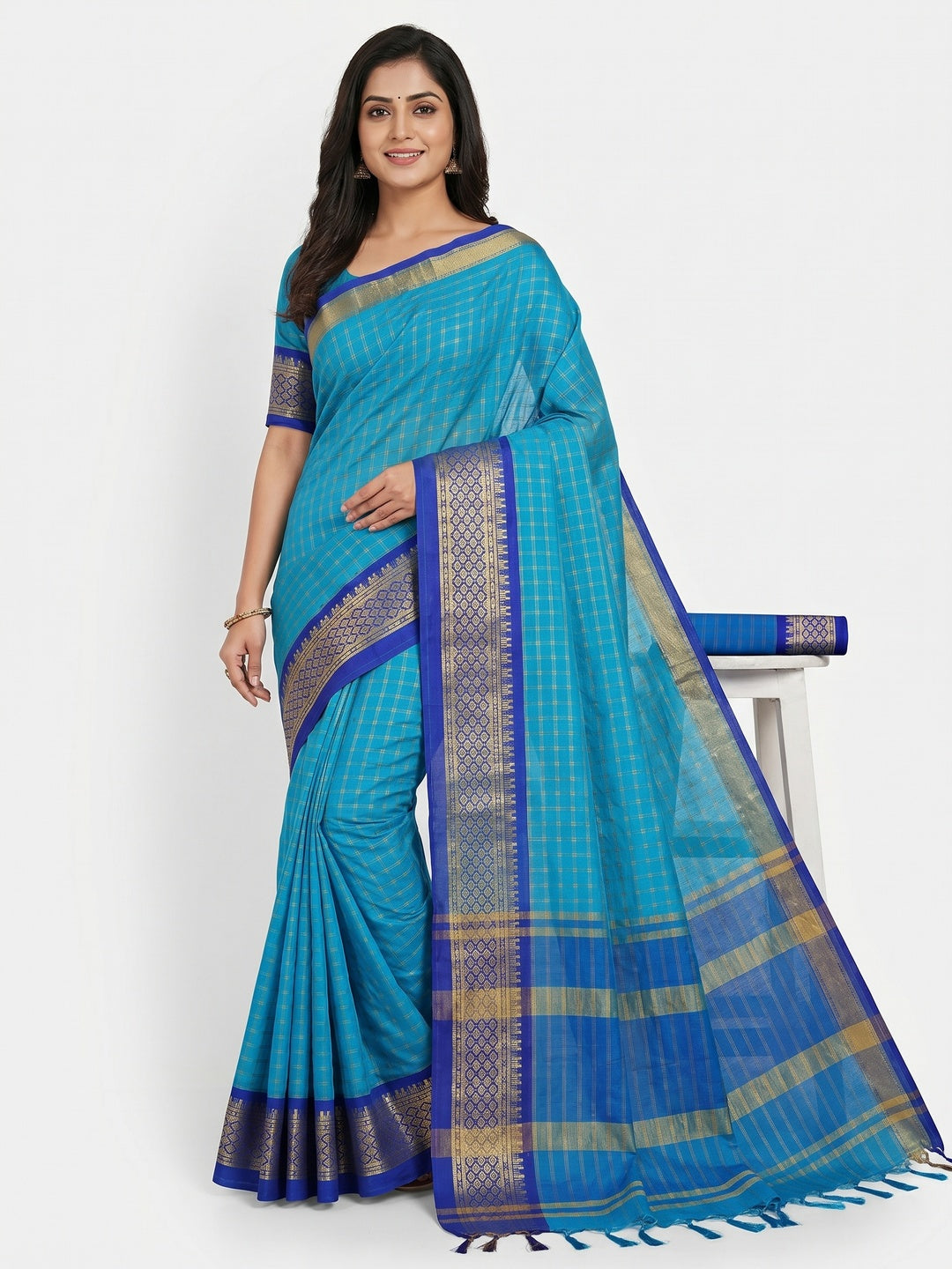 Ferozi Blue Festive Wear Checks With Woven Border Cotton Silk Saree - Image 1