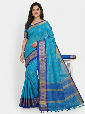 Ferozi Blue Festive Wear Checks With Woven Border Cotton Silk Saree - Image 1