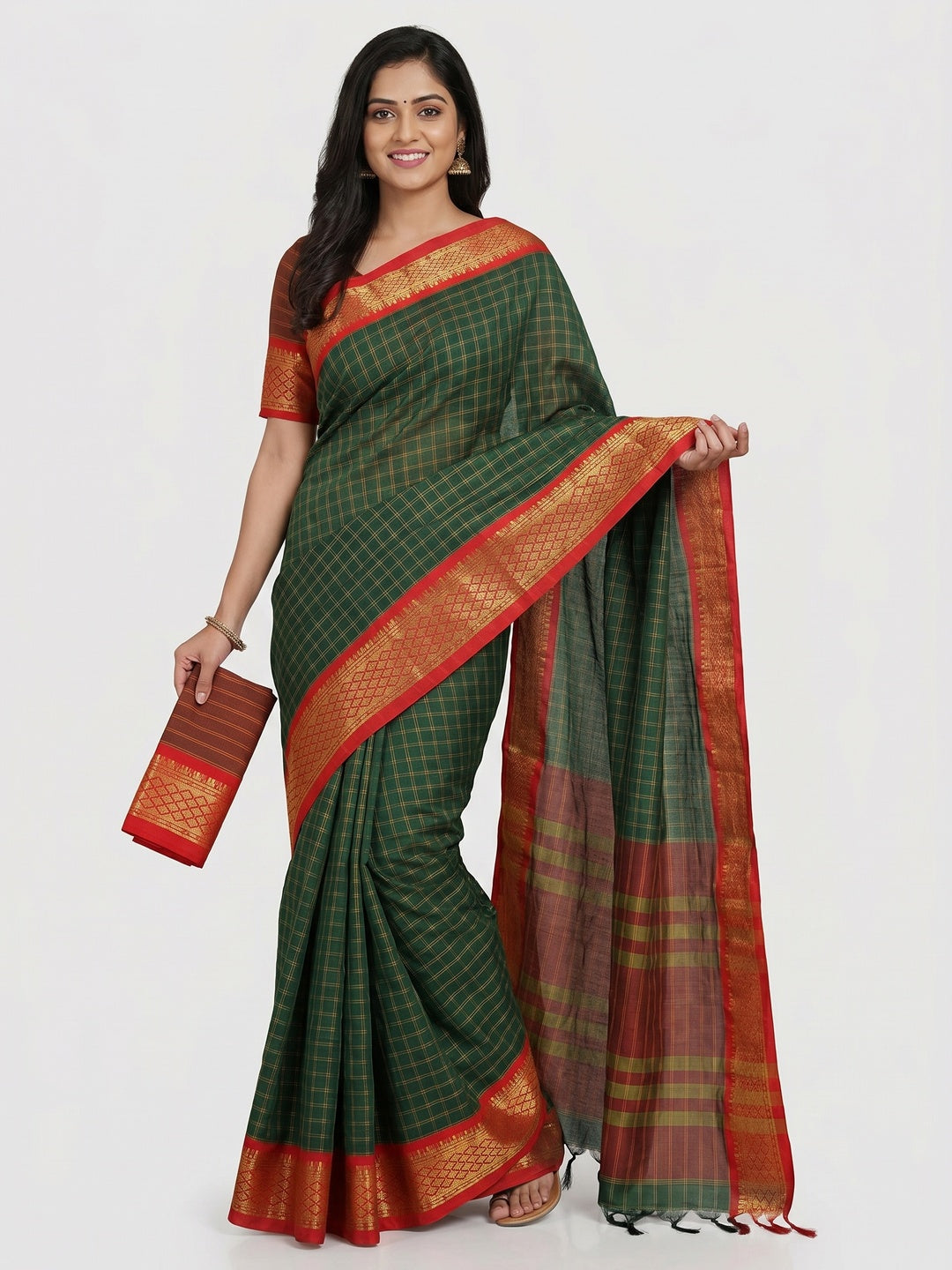 Bottle Green Festive Wear Checks With Woven Border Cotton Silk Saree - Image 1