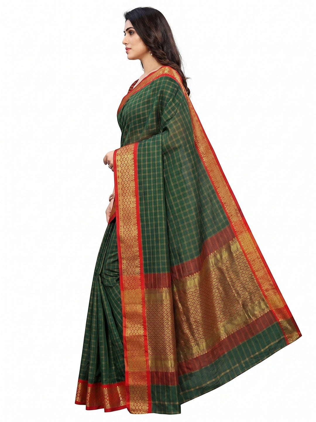 Bottle Green Festive Wear Checks With Woven Border Cotton Silk Saree - Image 2