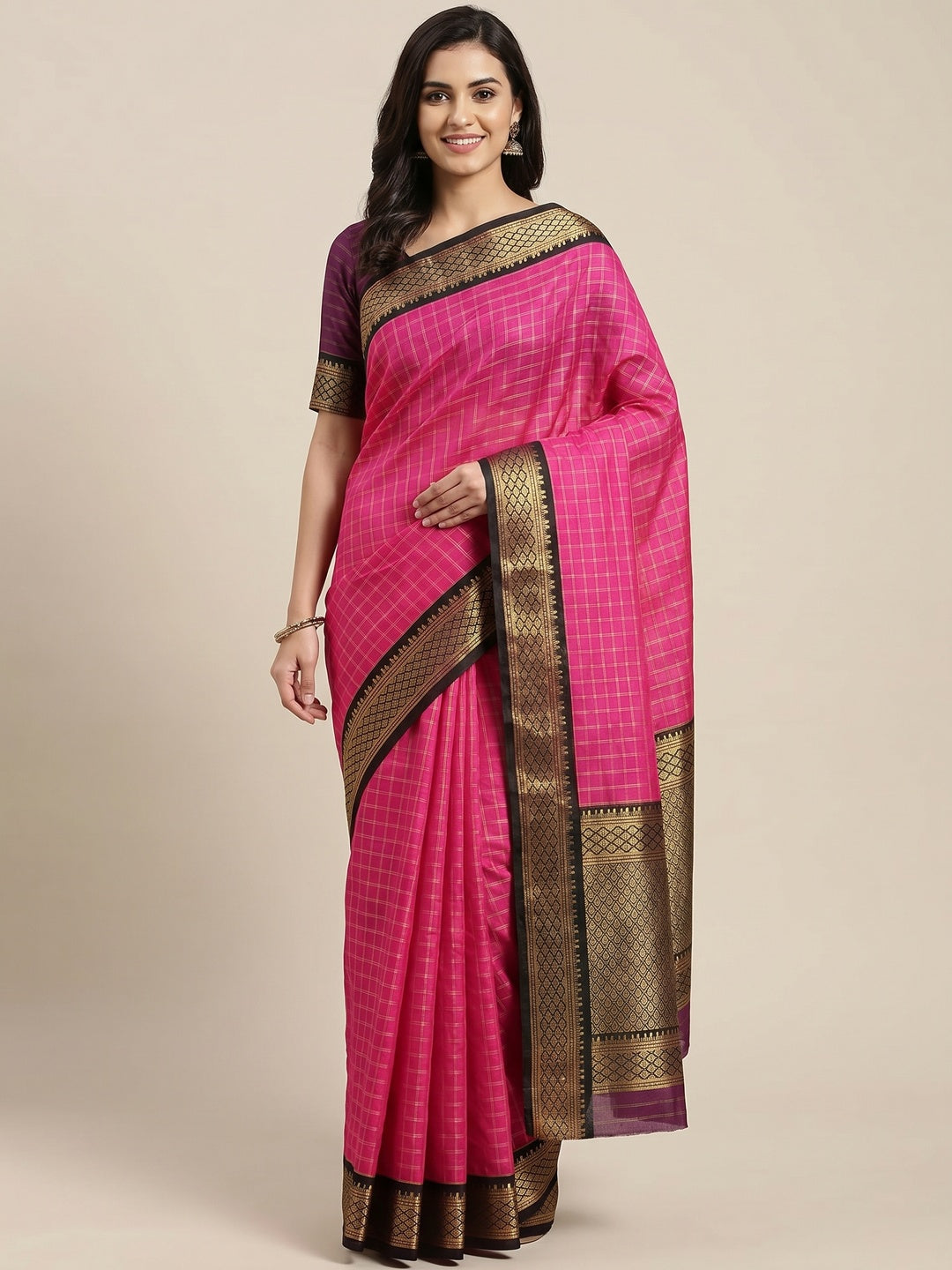Rani Pink Festive Wear Checks With Woven Border Cotton Silk Saree - Image 1
