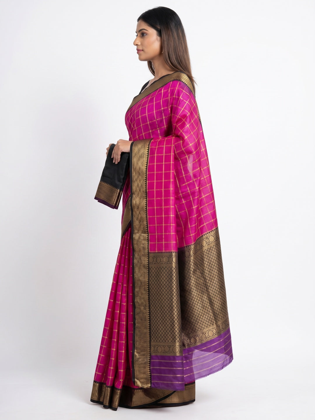 Rani Pink Festive Wear Checks With Woven Border Cotton Silk Saree - Image 3