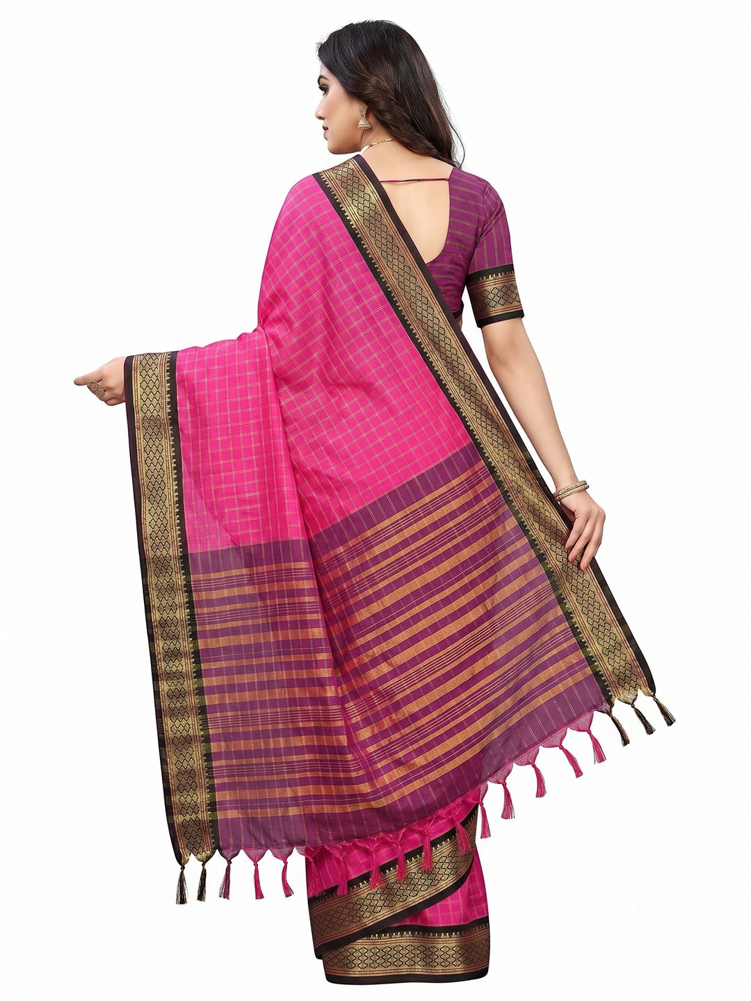 Rani Pink Festive Wear Checks With Woven Border Cotton Silk Saree - Image 2