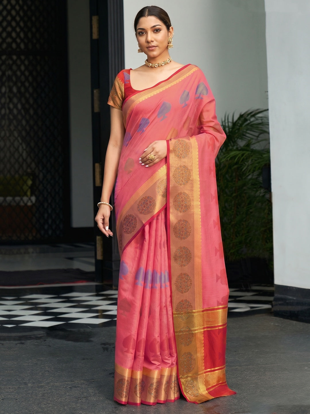 Peach Festive Wear Woven Cotton Handloom Saree - Image 1