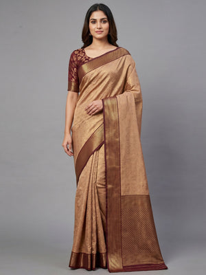 Chikoo Woven Border Cotton Silk Saree - Image 1