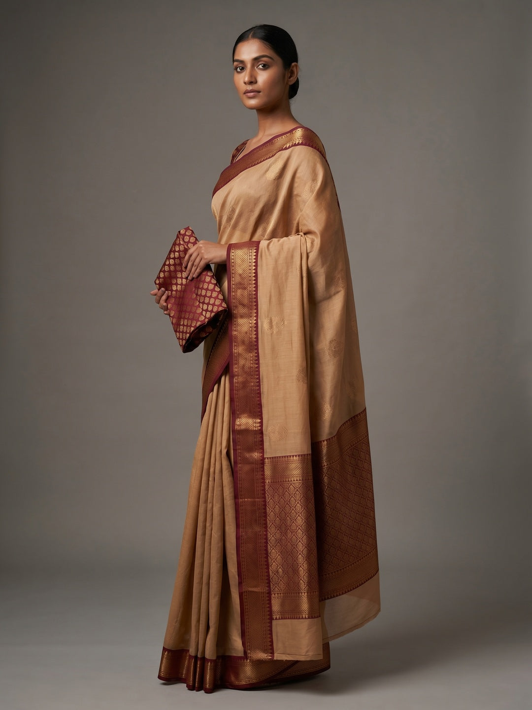 Chikoo Woven Border Cotton Silk Saree - Image 2