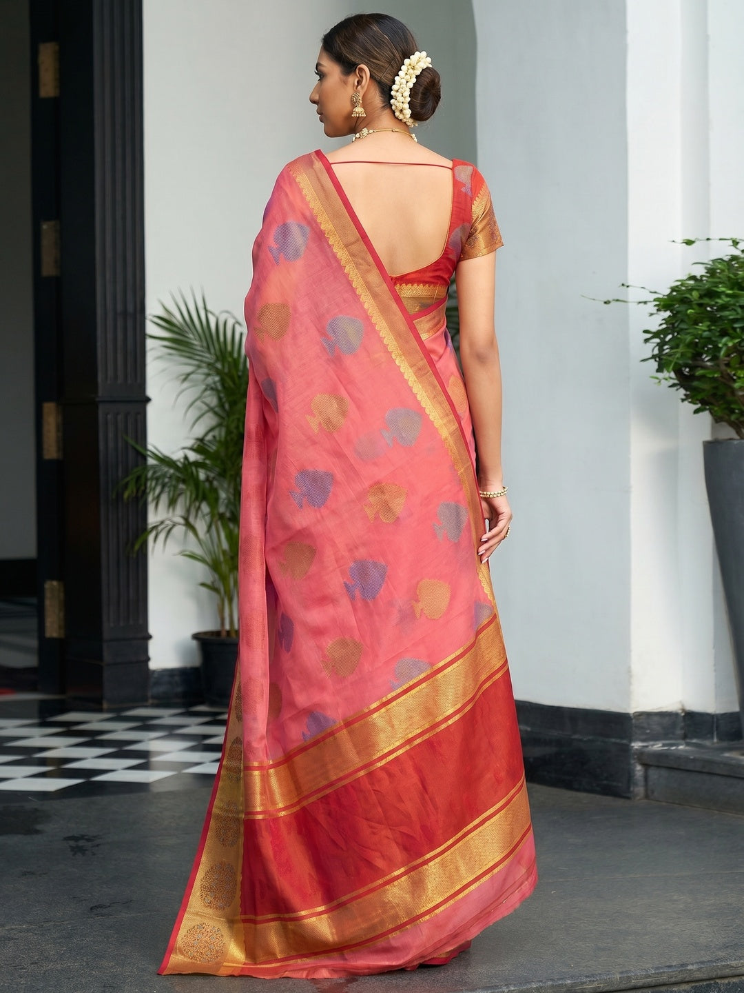 Peach Festive Wear Woven Cotton Handloom Saree - Image 3