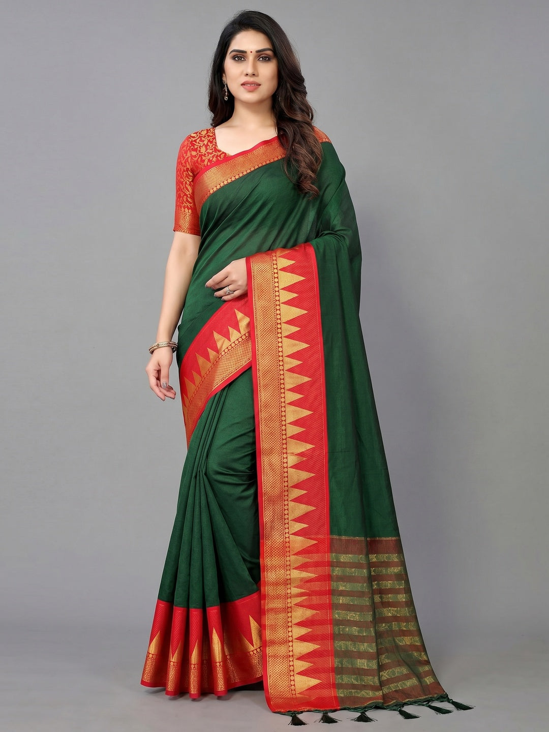 Bottle Green Festive Wear Jacquard Woven Border Heavy Cotton Silk Saree - Image 1