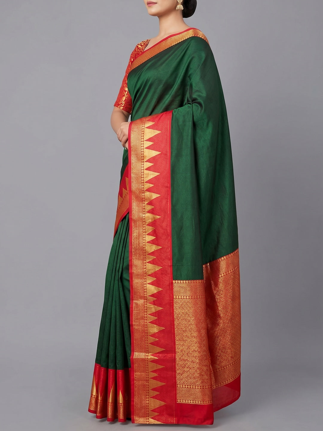 Bottle Green Festive Wear Jacquard Woven Border Heavy Cotton Silk Saree - Image 2