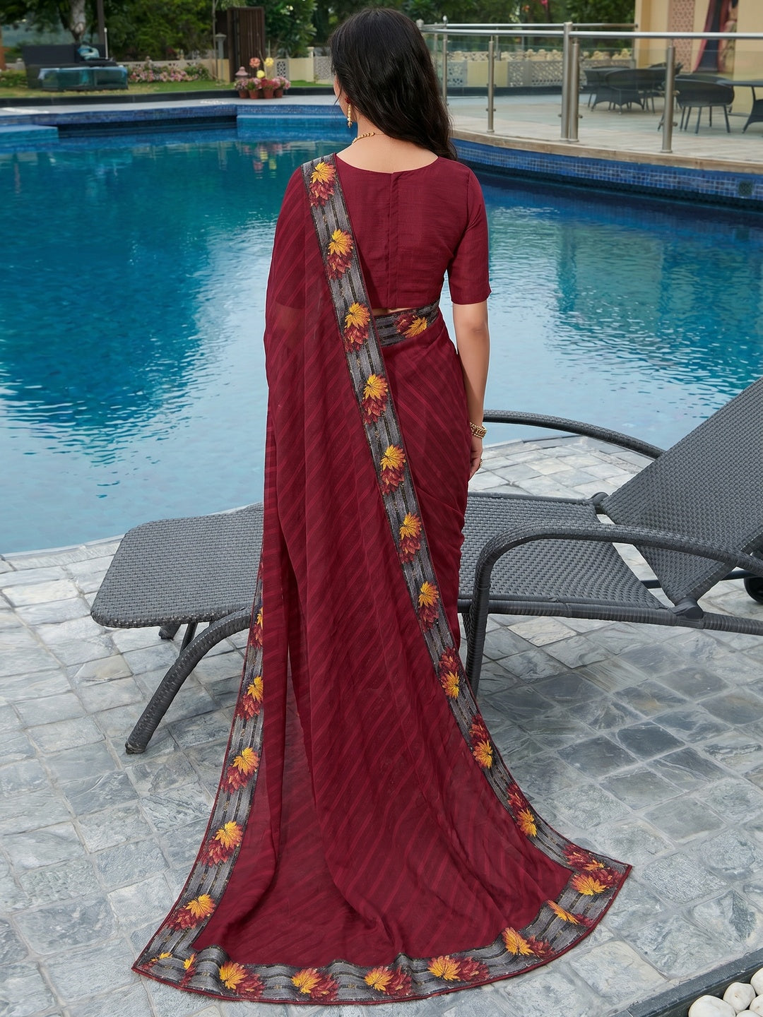 Wine Festive Wear Printed Brasso  Saree - Image 1