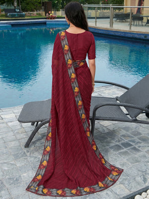 Wine Festive Wear Printed Brasso  Saree - Image 1