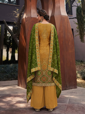 Drak Yellow & Green Party Wear Floral Embroidery With Digital Printed Jam Satin Suit - Image 1