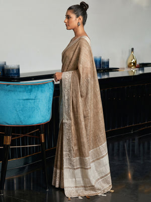 Brown Partywear Woven Linen Saree - Image 1