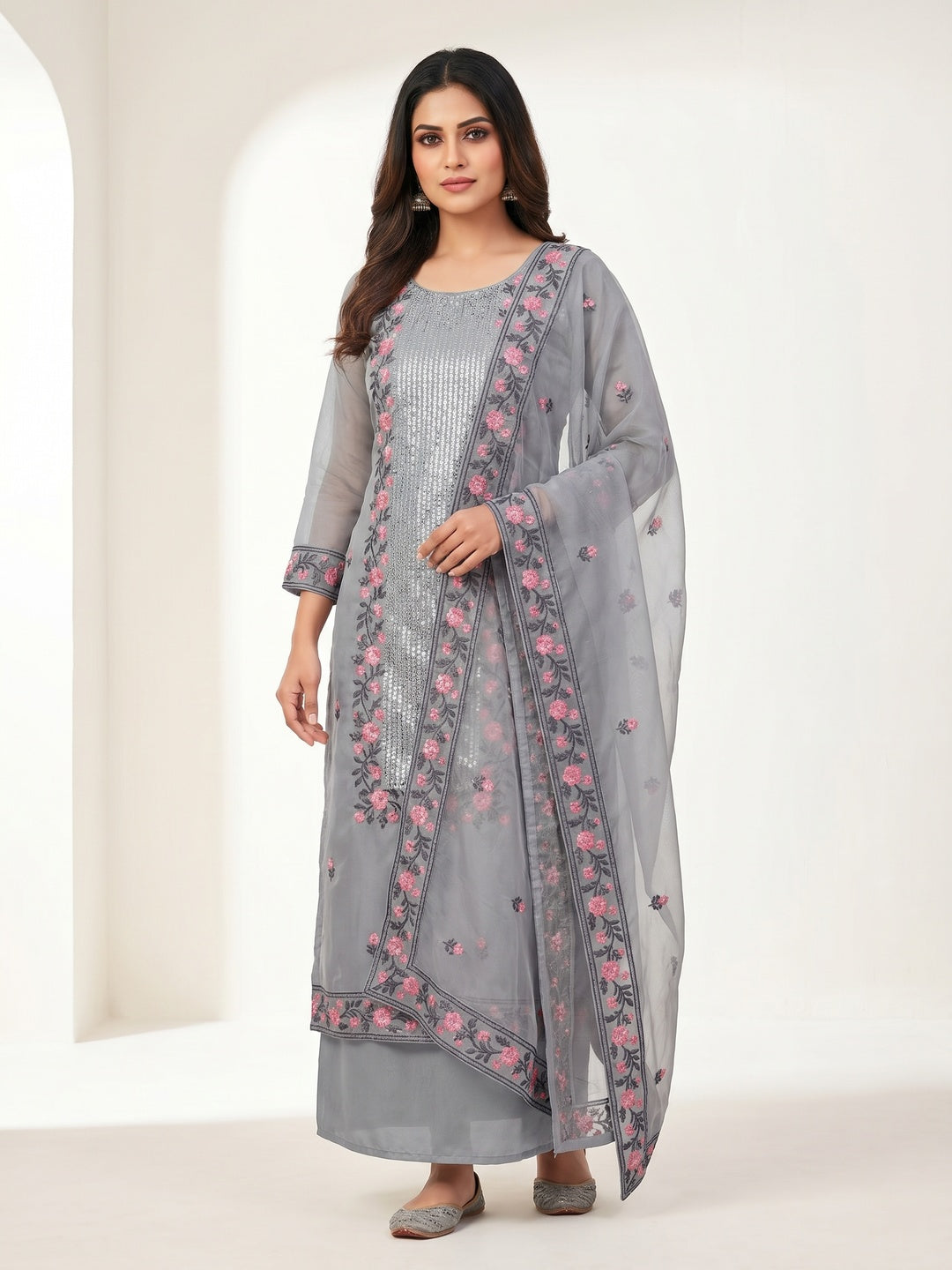 Grey Casual Wear Embroidered Organza Dress Material - Image 1