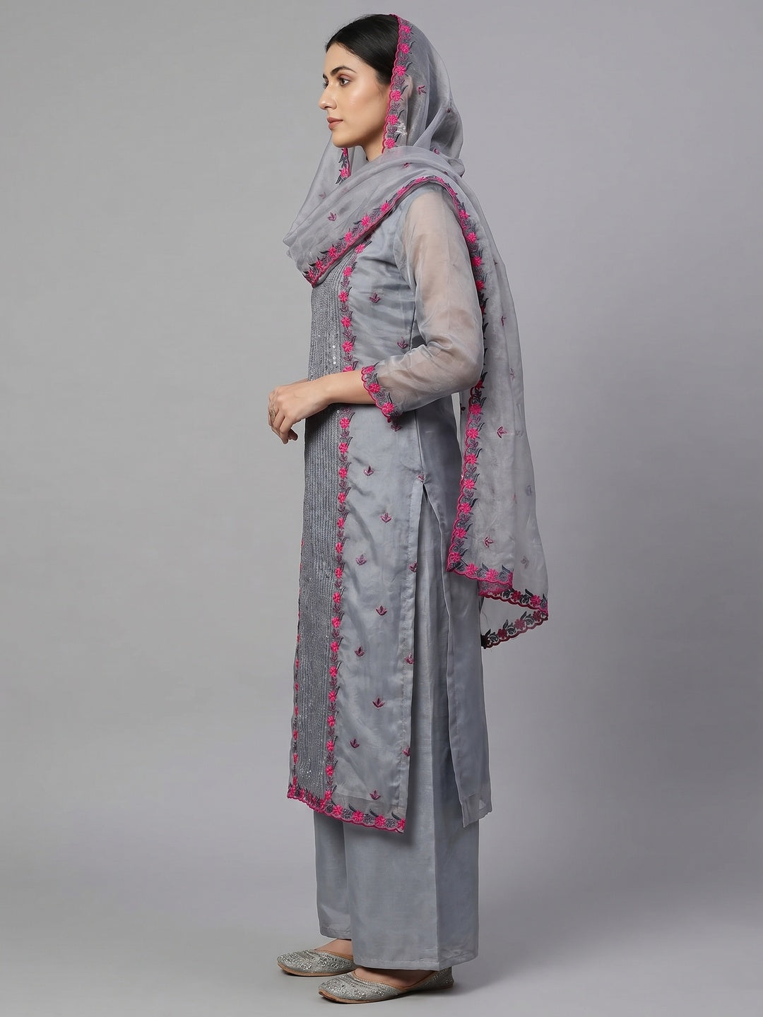 Grey Casual Wear Embroidered Organza Dress Material - Image 2