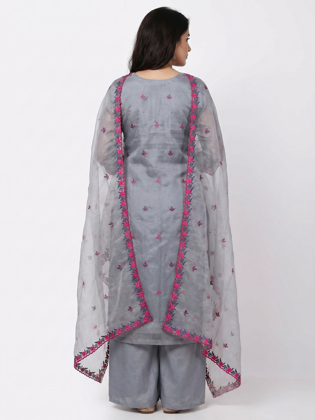 Grey Casual Wear Embroidered Organza Dress Material - Image 3