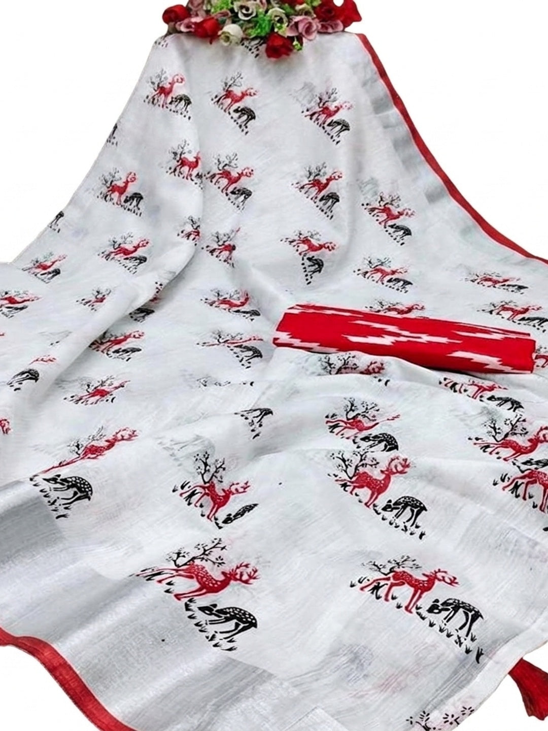 Graceful White - Red Colored Casual Wear Digital Printed Linen Saree - Image 3