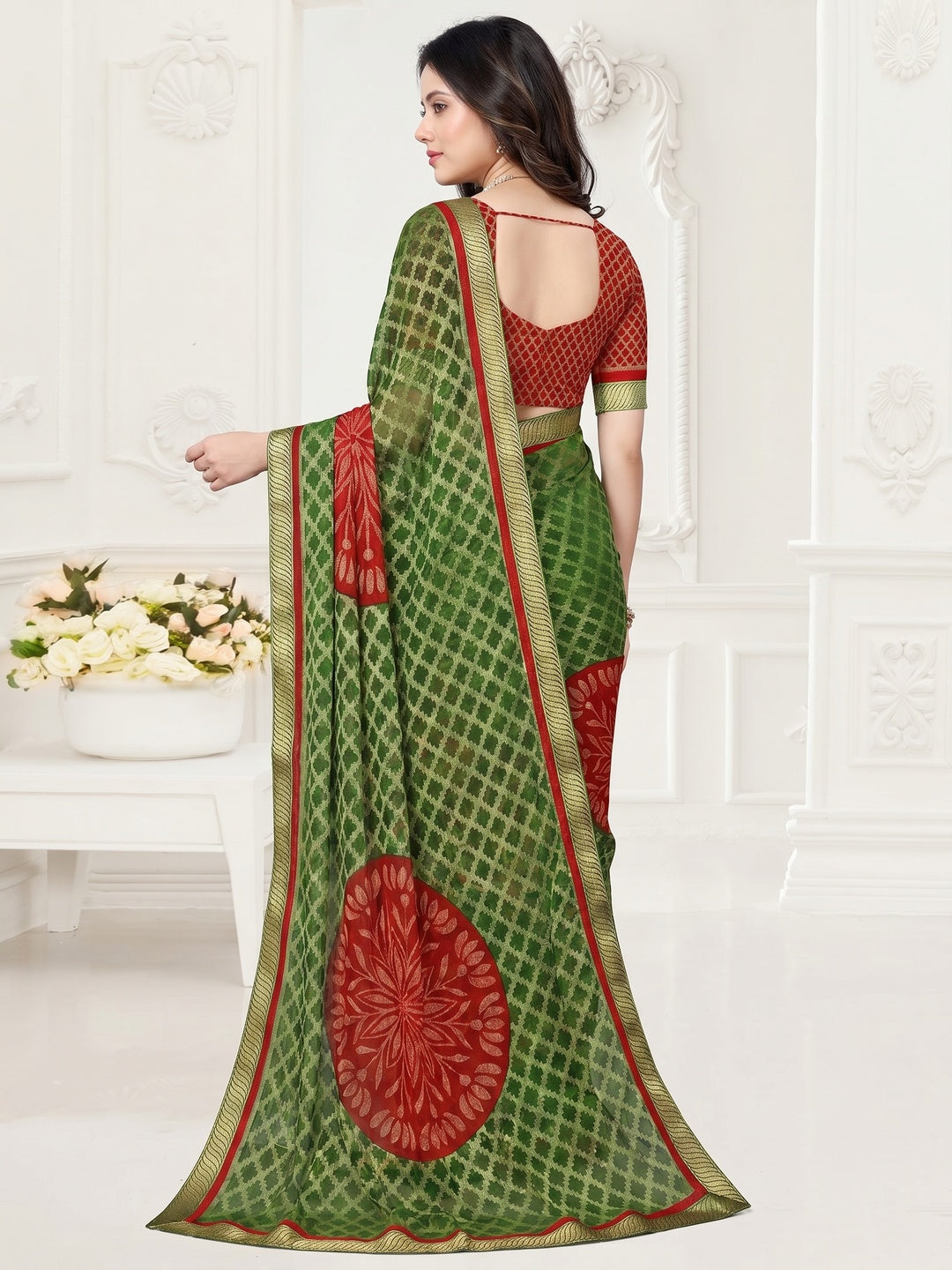 Green  & Red Festive Wear Checks Printed Chiffon Brasso Saree - Image 1