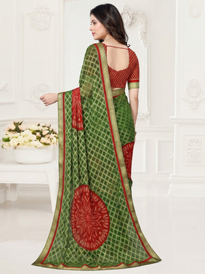 Green  & Red Festive Wear Checks Printed Chiffon Brasso Saree - Image 1