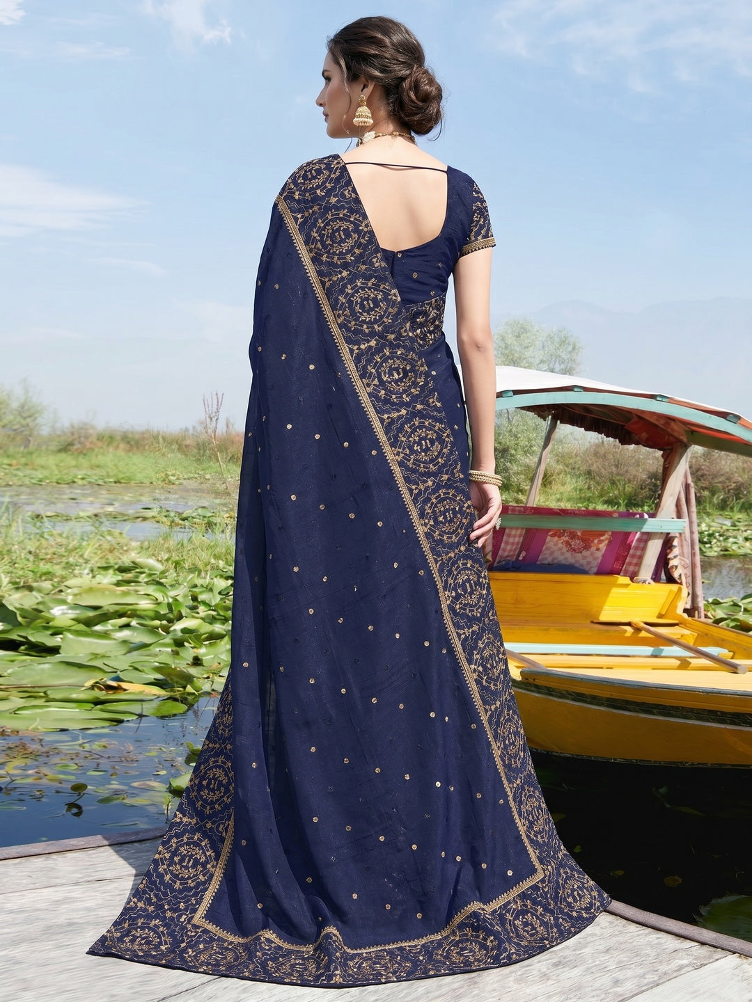 Navy Blue Partywear Embroidered Bluecherry Silk Saree - Image 1
