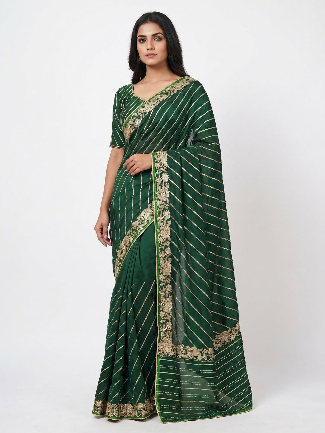 Bottle Green Partywear Floral Embroidered With Gotta Patti Dola Silk Saree - Image 1