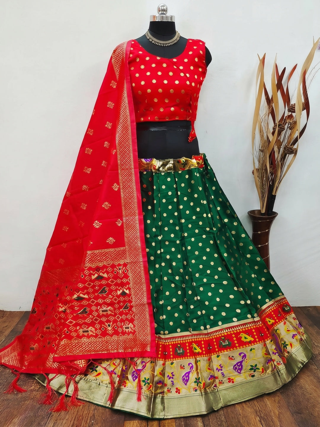 Green Festive Wear Woven Brocade Lehenga Choli - Image 1