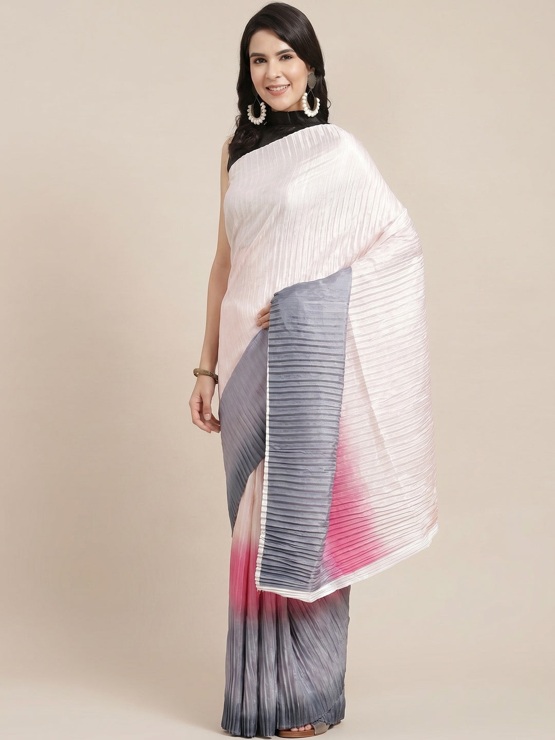 Multicolored Partywear Pleated Dola Silk Saree - Image 1