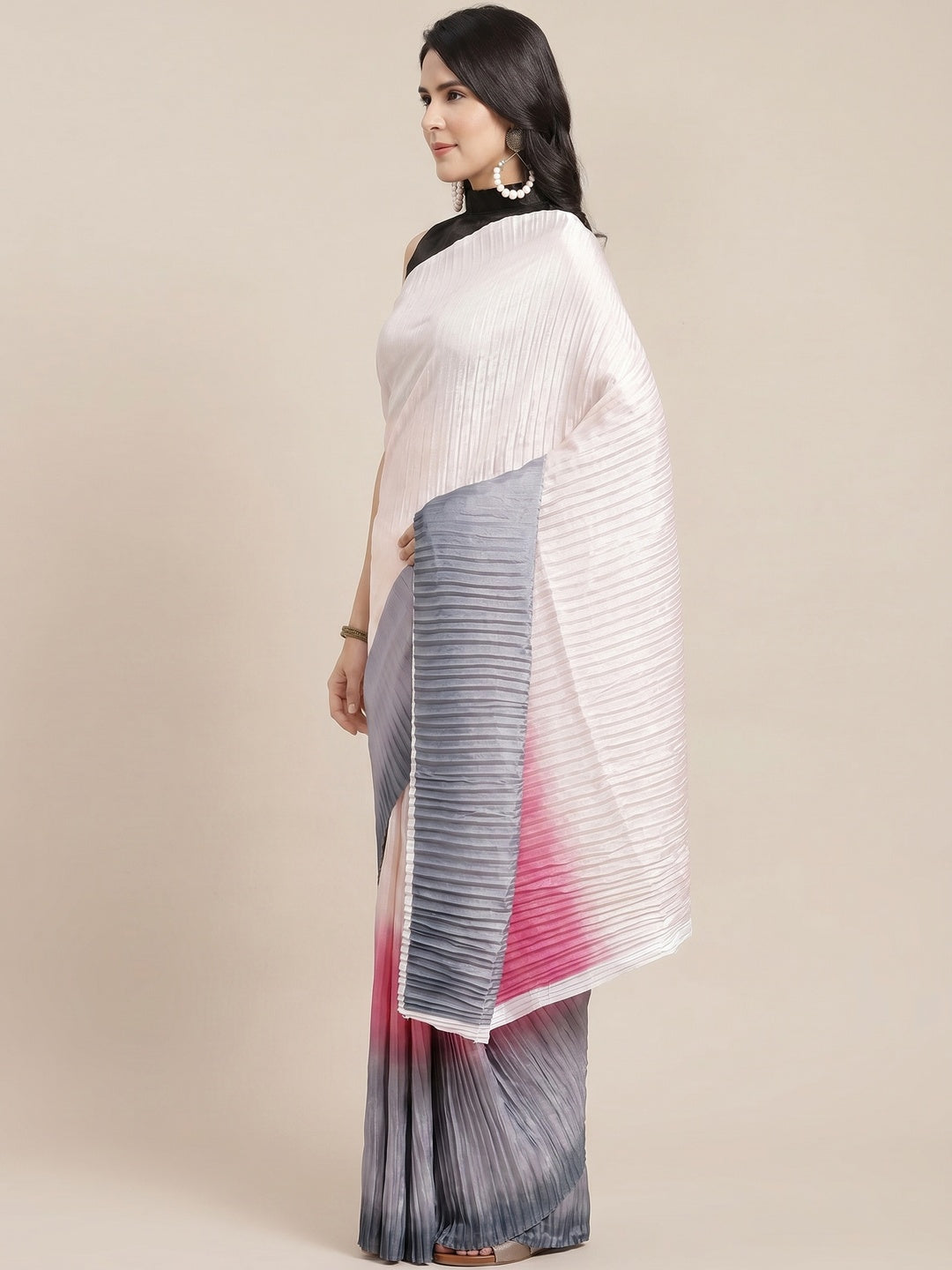 Multicolored Partywear Pleated Dola Silk Saree - Image 3