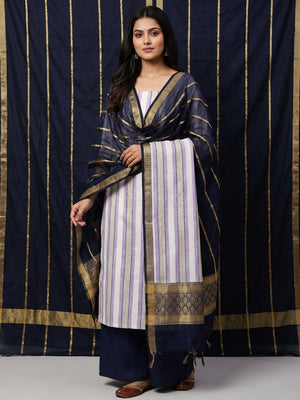 White & Purple Casual Wear Printed Banarasi Silk Jacquard Dress Material - Image 1