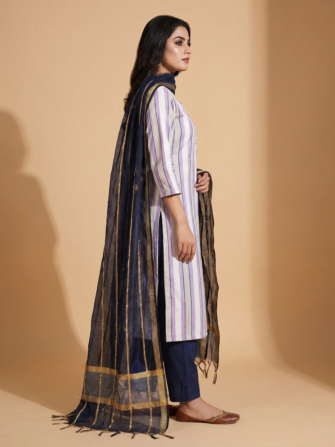 White & Purple Casual Wear Printed Banarasi Silk Jacquard Dress Material - Image 2