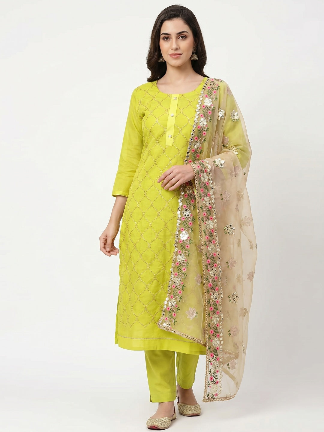 Green Festive Wear Embroidered Chanderi Dress Material - Image 1