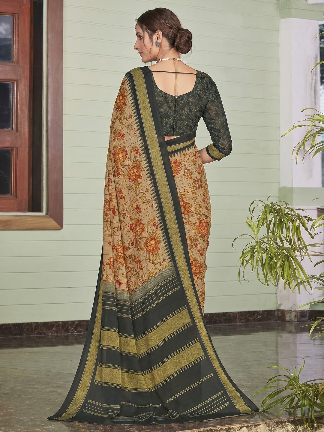 Chikoo Casual Wear Printed Crepe Saree - Image 2