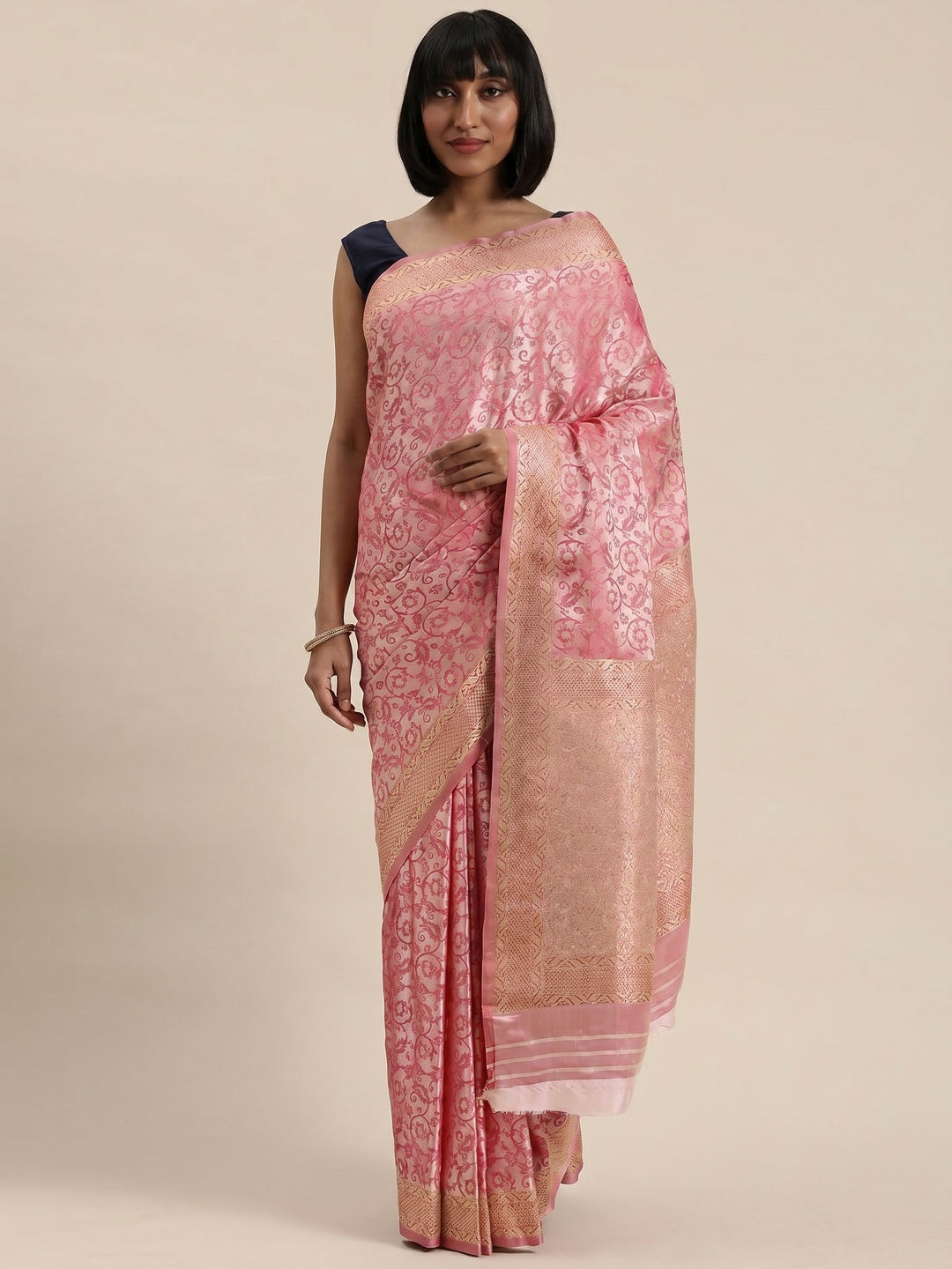 Women's Pink Festive Wear Woven Kanjivaram Silk Saree With Unstitched Blouse - Image 1