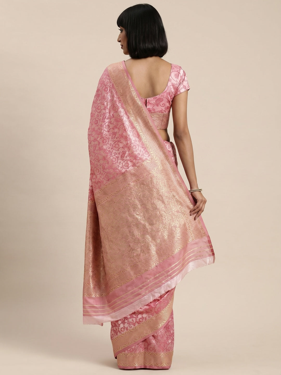 Women's Pink Festive Wear Woven Kanjivaram Silk Saree With Unstitched Blouse - Image 3