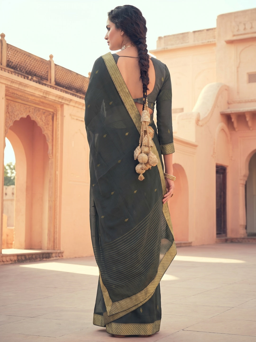 Grey Festive Wear Fancy Smoke Printed Georgette Saree Fancy Lace - Image 2