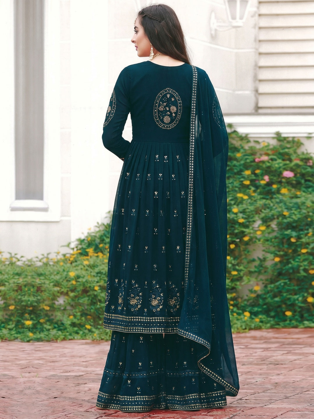 Sea Blue Partywear Embroidered Faux Georgette Salwar Suit - Image 1