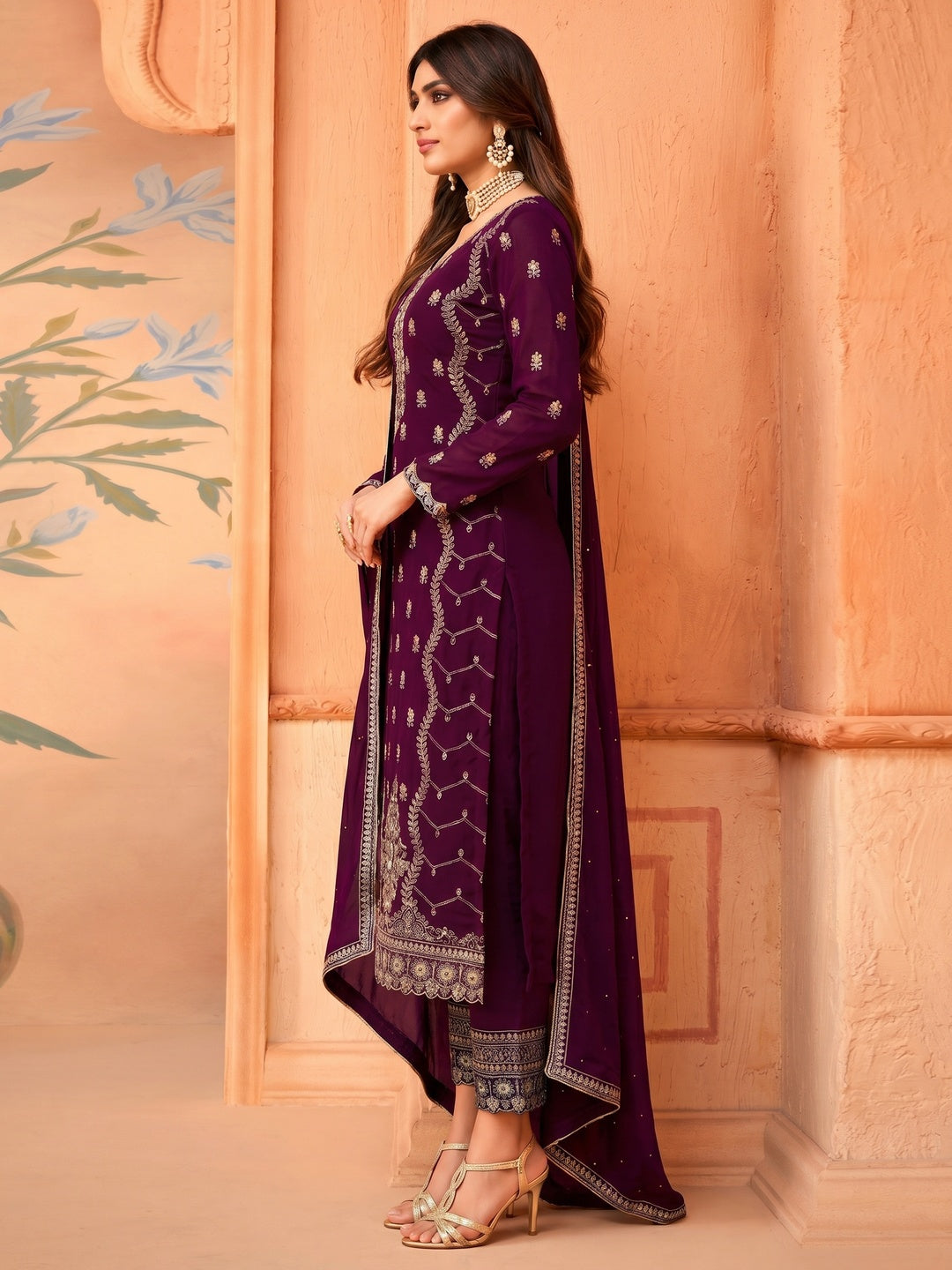 Purple Floral Embroidery Designer Georgette Partywear Suit - Image 1