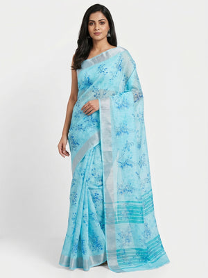 Sky Blue Printed Linen Cotton Saree - Image 1