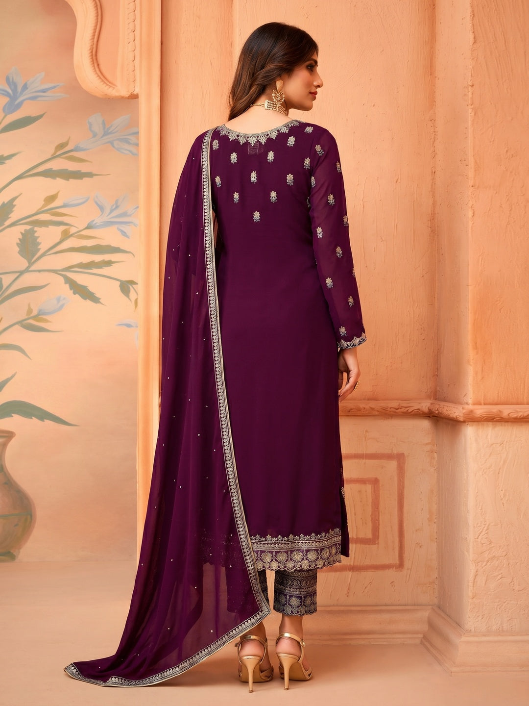 Purple Floral Embroidery Designer Georgette Partywear Suit - Image 2