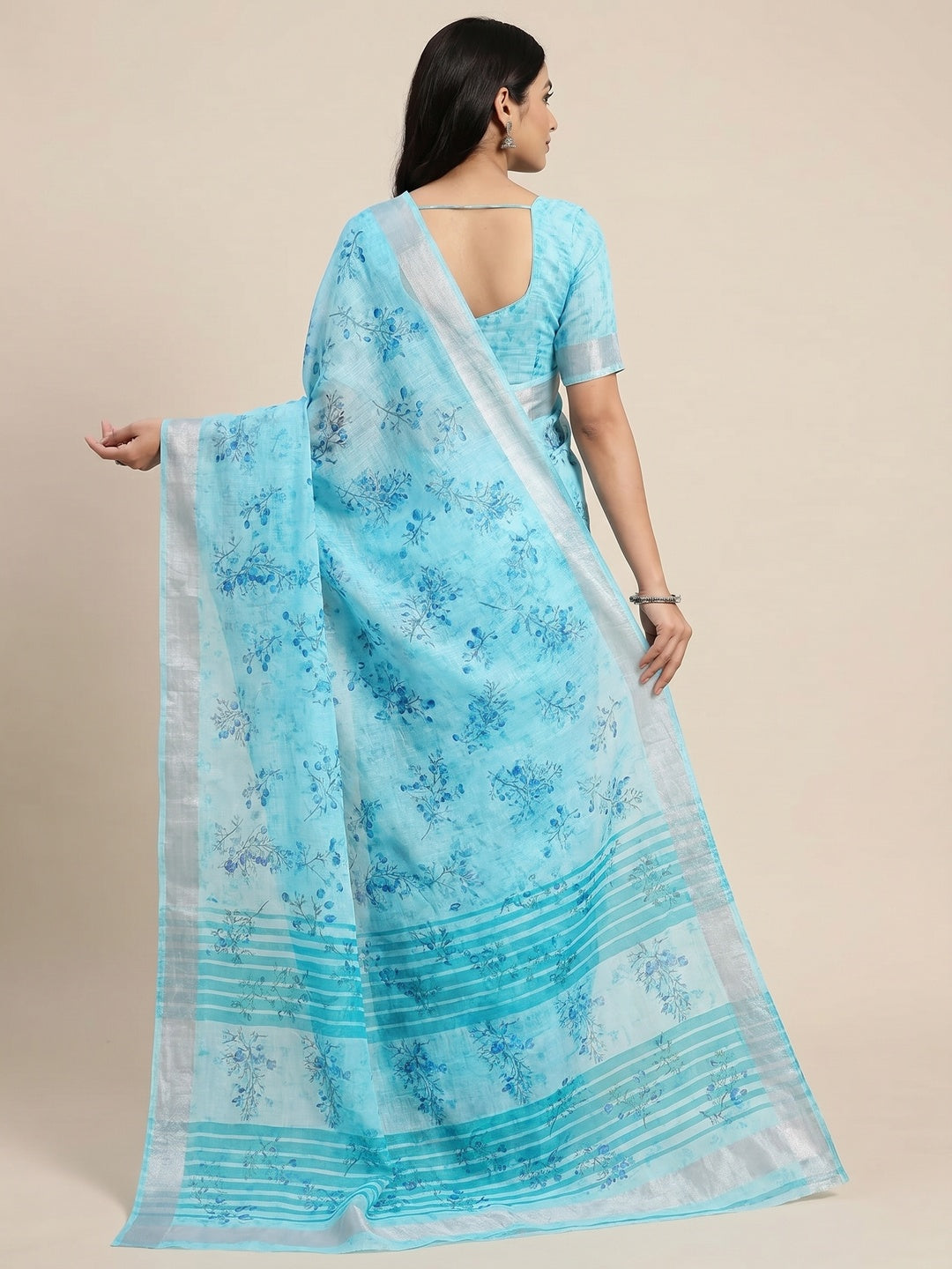 Sky Blue Printed Linen Cotton Saree - Image 3