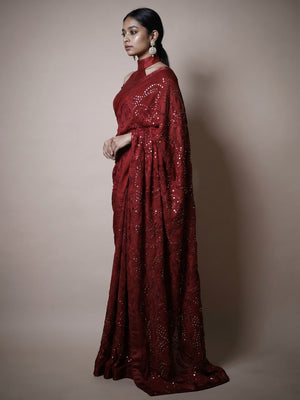 Maroon Partywear Embroidered & Sequins Chiffon Saree - Image 1