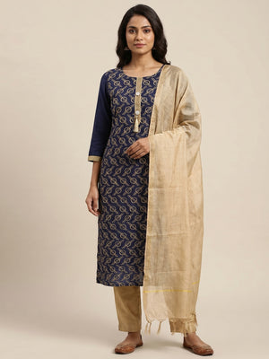 Navy Blue Casual Wear Embroidered Chanderi Dress Material - Image 1