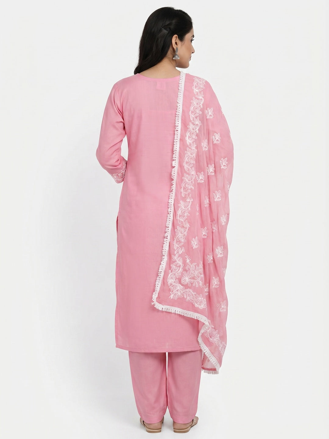 Pink Floral Embroidered Cotton Blend Dress Material - Image 2