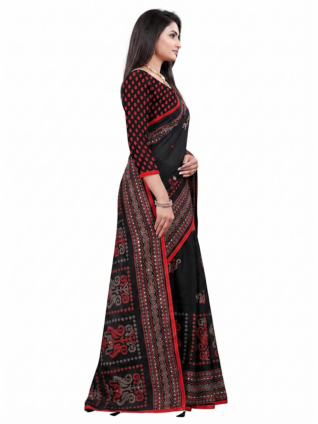 Peachmode Black Jute Silk Saree with Mirror Work - Image 1