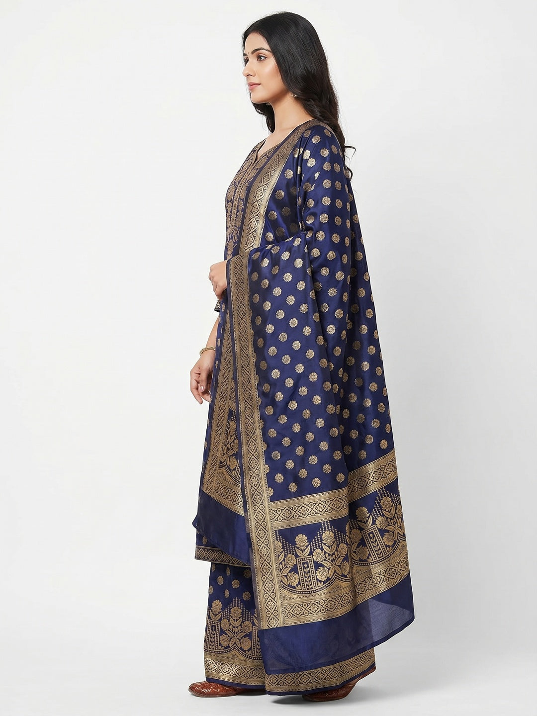 Navy Blue Casual Wear Floral Woven Banarasi Silk Dress Material - Image 3