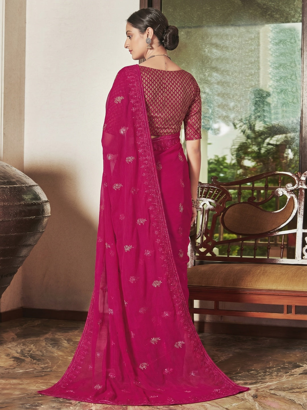 Pink Partywear Embroidered Chiffon Saree - Image 1